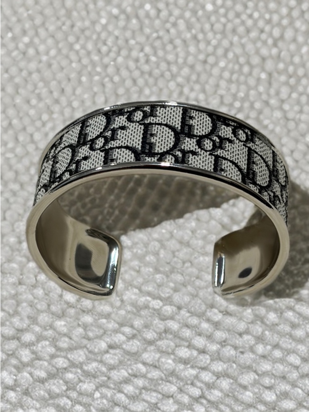 Designer-Inspired Silver Cuff Bracelet with Black and White Monogram Inlay